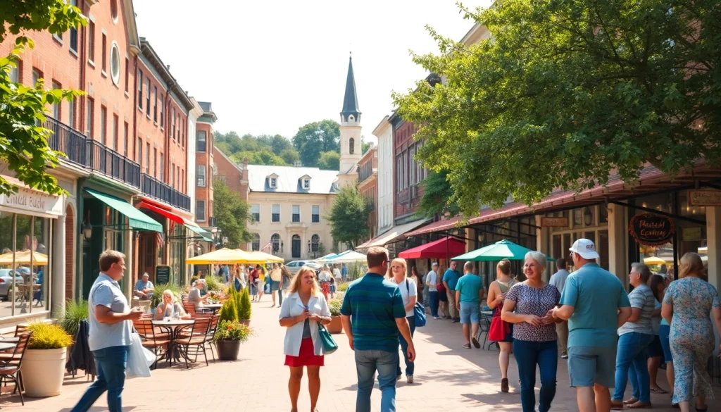Clarksburg town square bustling with locals, featuring cafes and historic buildings.