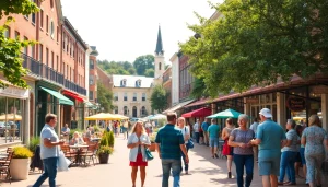 Clarksburg town square bustling with locals, featuring cafes and historic buildings.