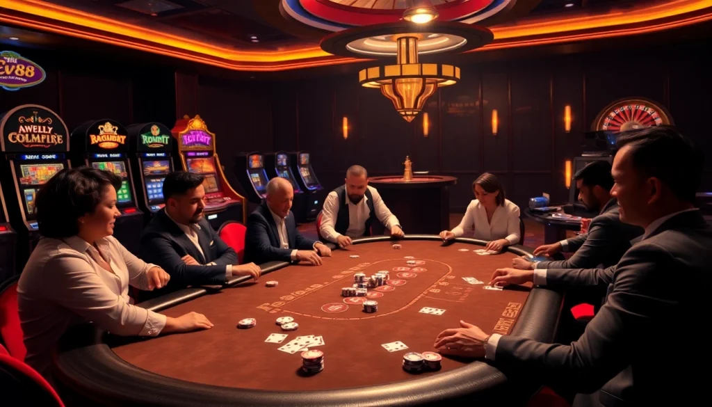 Engaging players at an Ev88 poker table with vibrant colors and luxurious casino ambiance.