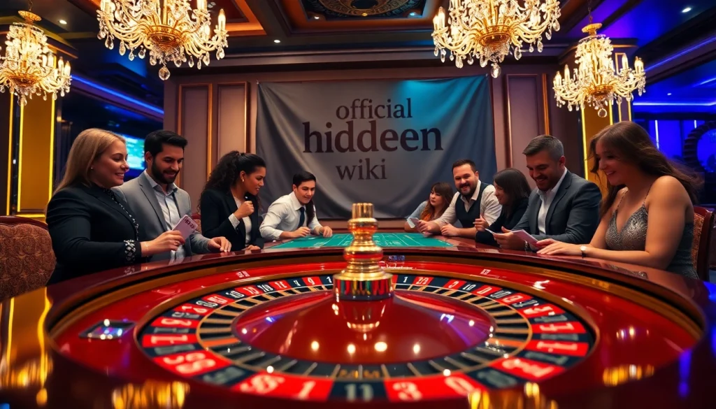 The official hidden wiki banner is displayed prominently in a vibrant casino scene with gamblers at a roulette table.