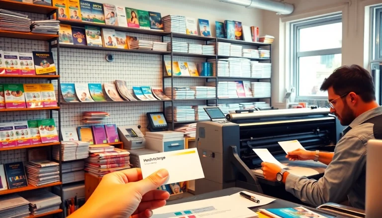 Imprenta en Alicante que muestra una diversa gama de servicios de impresión y productos personalizados en una escena vibrante de imprenta.