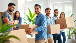 Moving Professionals efficiently transporting boxes in a bright home environment.