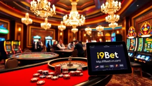 Players enjoying casino games at https://i9bett.cn.com/ with vibrant lights and poker chips.