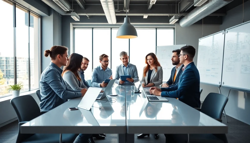 Team of diverse professionals collaborating in an office, showcasing an AI consulting company in UK expertise.