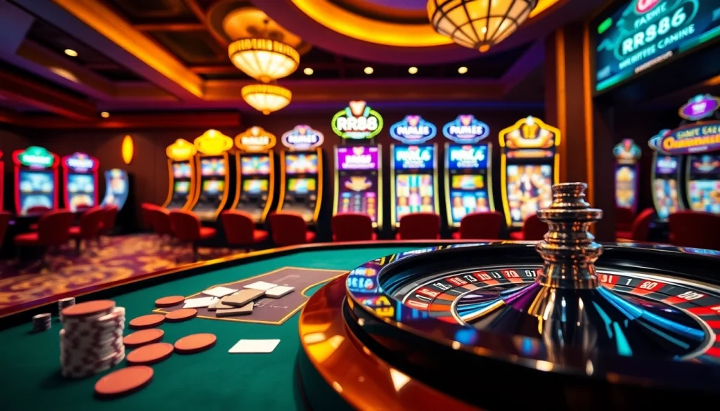 RR88 players engaged at a vibrant roulette table in a luxury casino setting.