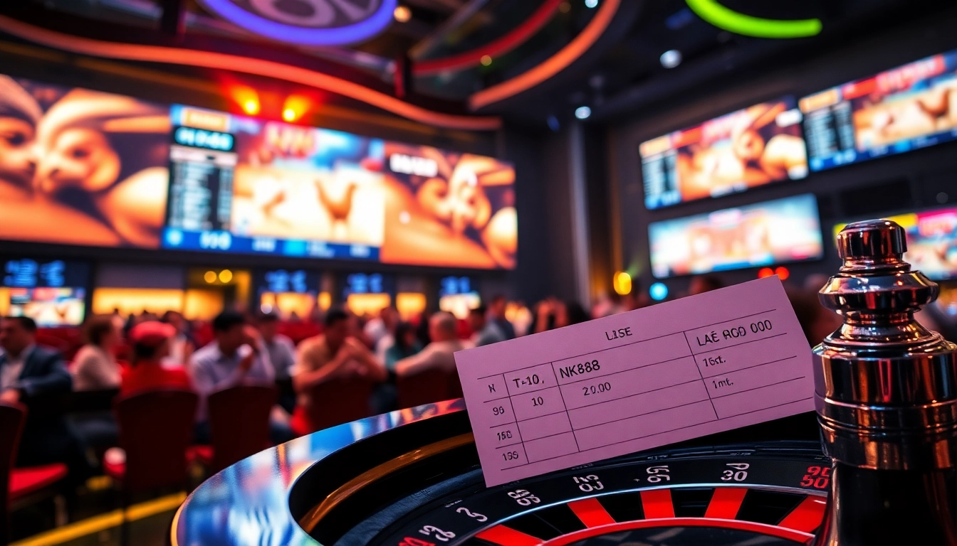 View of Đá gà NK88 betting scene with live chicken fights, vibrant atmosphere, and high-definition screens.