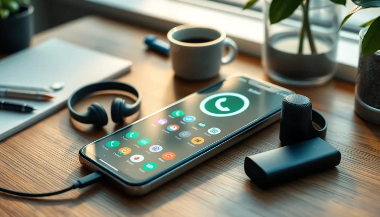 FM WhatsApp interface displayed on a smartphone, surrounded by tech gadgets on a wooden table.