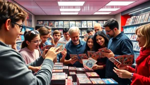 カラフルなトレーディングカードを巡ってコレクターが交流する、日本トレカセンターおすすめの興奮シーン。