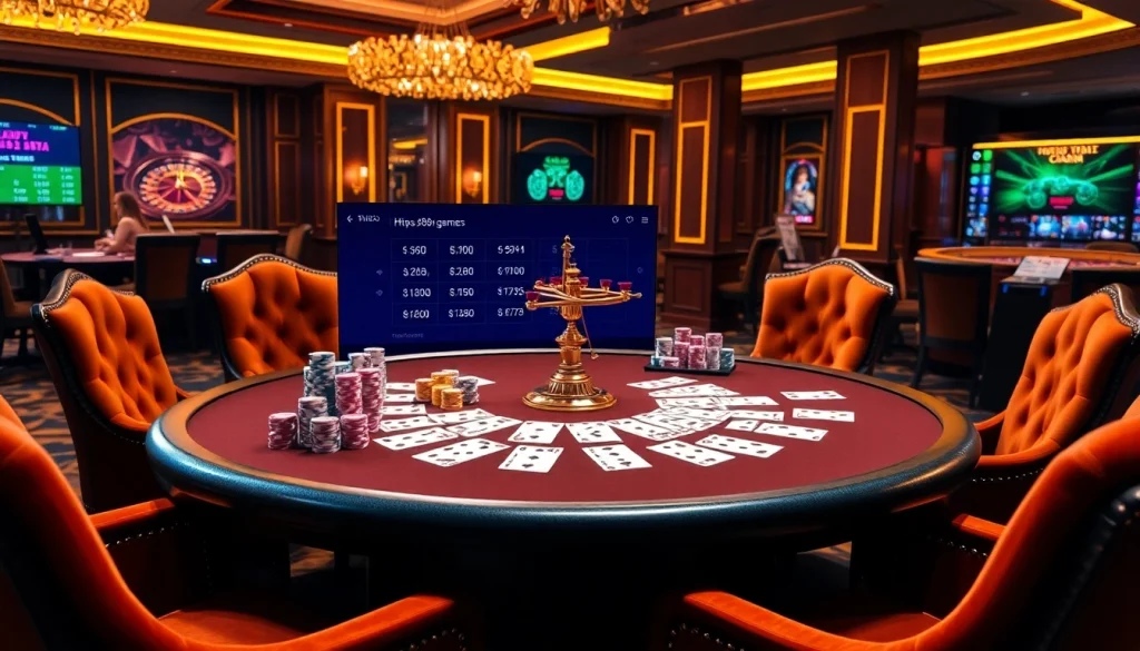 Engage in thrilling games at https://688v.games/ with luxurious poker tables and vibrant casino elements.