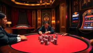 Players enjoying intense poker action at a lavish casino, highlighting DEBET competition.
