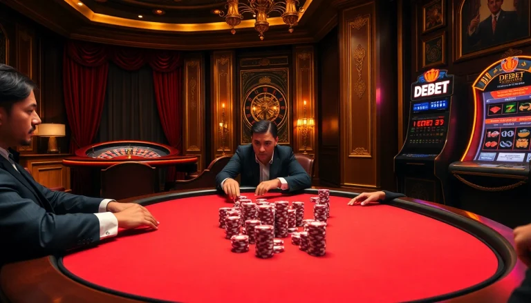 Players enjoying intense poker action at a lavish casino, highlighting DEBET competition.