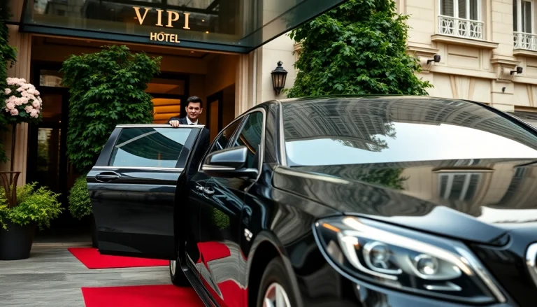 VIP transport hire London with luxury sedan and chauffeur at a high-end hotel.