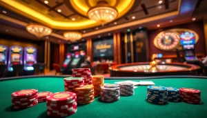 High-stakes poker action at a luxurious casino featuring LC 88 chips and vibrant game atmosphere.