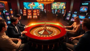 Bet88 players enjoying a thrilling roulette game at a luxurious casino table.