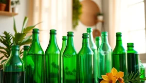 Stylish display of BOTOL169 green bottles among natural elements.