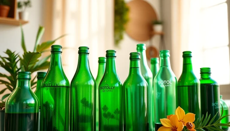 Stylish display of BOTOL169 green bottles among natural elements.