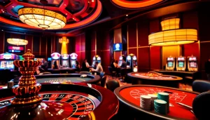 KJC players celebrating a win at an upscale casino's gaming tables.