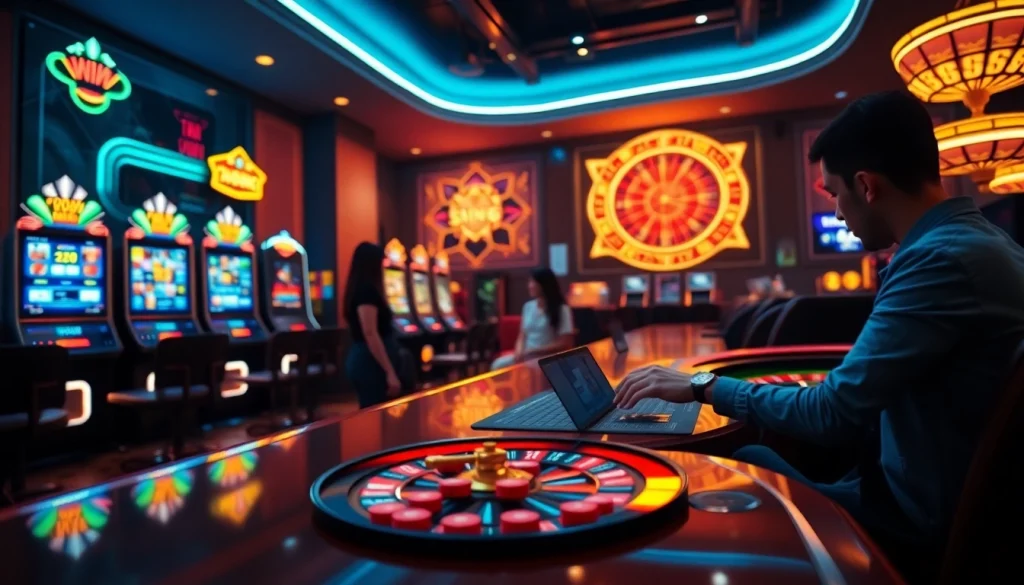 Lô Đề online gambling experience with interactive tables and vibrant casino elements.