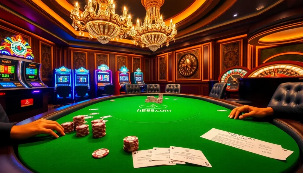 Experience hb88.com gaming excitement with poker chips and cards on an elegant casino table.