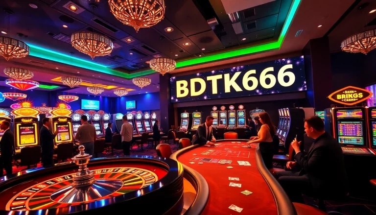 Engage with BDTK666 at an elegant casino filled with roulette wheels, poker tables, and lively players.