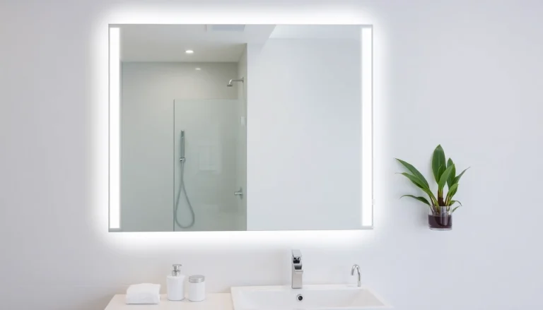 Elegant bathroom mirror with LED light reflecting modern design and serene ambiance.
