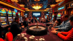 Excited players engaging in XSMB 247 lottery betting at a luxurious casino table.