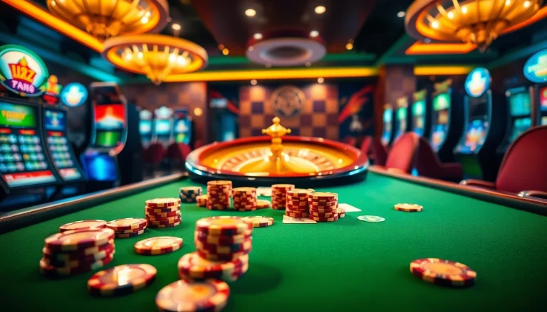 Experience thrilling gameplay at hdbet com's luxurious casino with vibrant poker tables and roulette wheels.