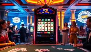 Gamblers engaging with the Mahjong Ways 2 slot machine in an elegant casino setting.