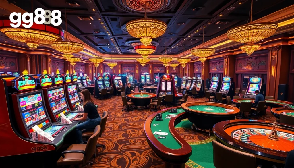 Players enjoying games at the luxurious GG88 casino, with vibrant slot machines and poker tables.