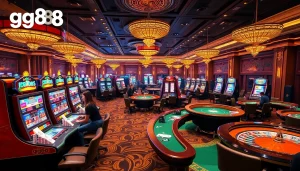 Players enjoying games at the luxurious GG88 casino, with vibrant slot machines and poker tables.