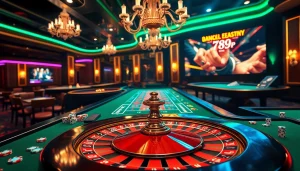 Experience the thrill of winning at 789P with vibrant casino scenes featuring roulette and poker chips.
