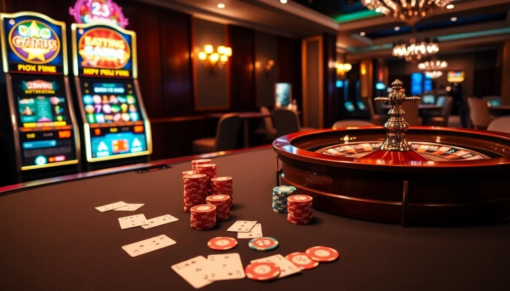 Experience the excitement of 32win with a luxurious casino setting filled with poker tables and vibrant slot machines.