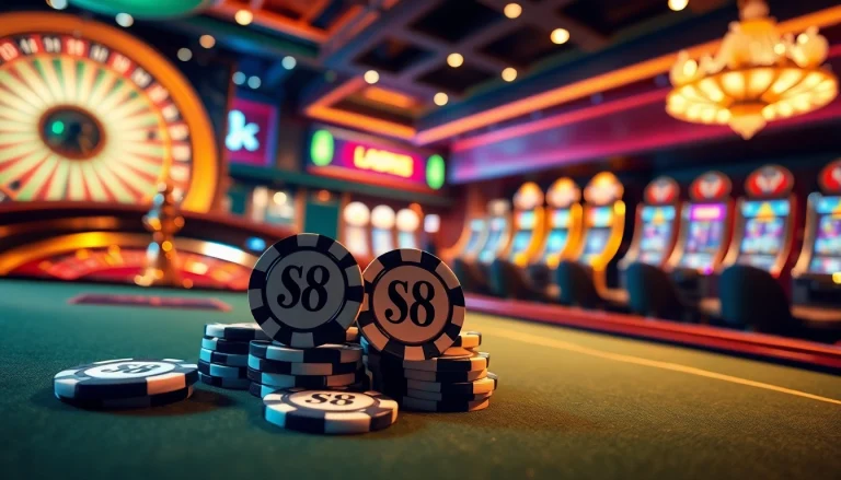 Exciting gambling scene with S8-themed poker chips and slot machines