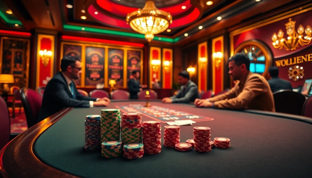 Engage in high-stakes poker at a luxurious casino featuring 88t chips and vibrant tables.