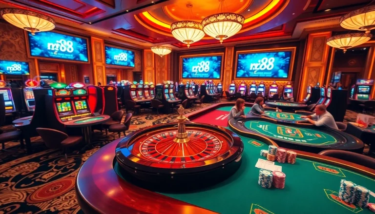 Experience the thrill of rr 88 with vibrant casino visuals featuring players at poker tables and a roulette wheel.
