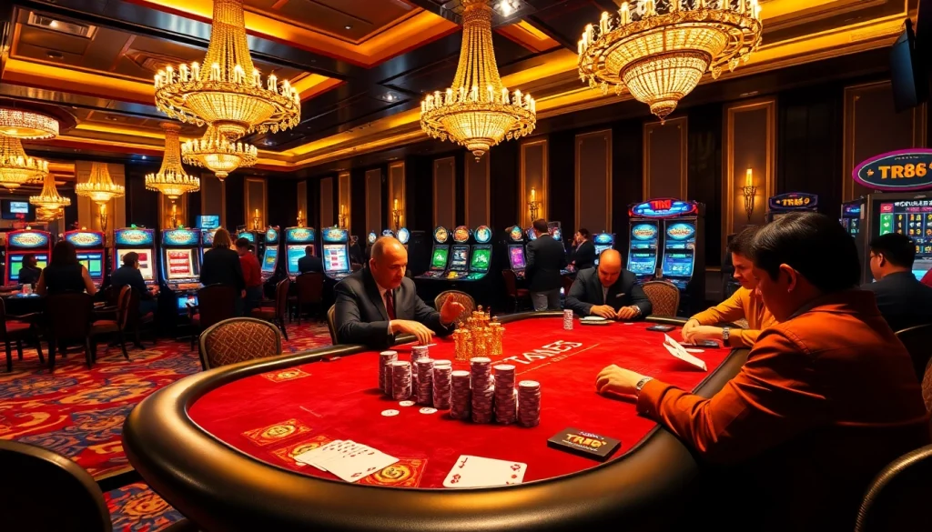 Players engage in a high-stakes poker game at the luxurious TR88 casino, showcasing vibrant ambiance.