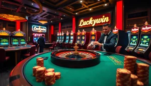 Experience the thrill of Luckywin with vibrant casino visuals featuring roulette, poker, and luxury.