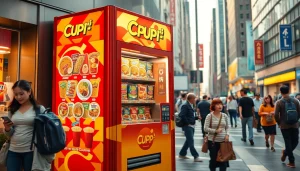 Cup noodle vending machine dispensing steaming noodles in a busy urban setting.