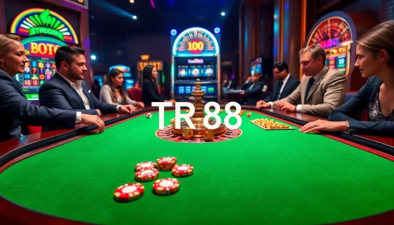 Experience high-stakes betting with TR88 poker chips at an elegant casino table.