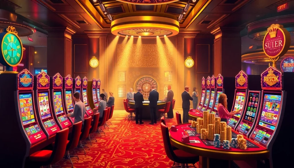 Experience high-stakes gaming at slot777 with buzzing slot machines and poker chips.