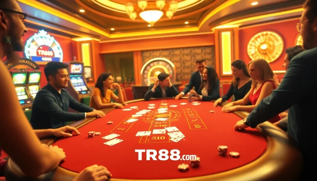 Excited players at TR88.com blackjack table, vibrant casino atmosphere with illuminated slot machines.