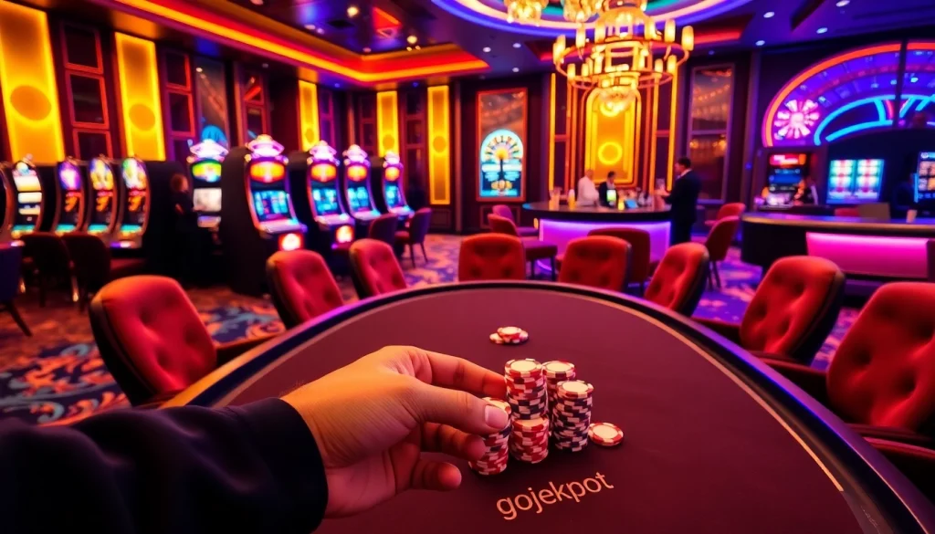 Experience the thrill of gojekpot at a luxury poker table in a vibrant casino setting.