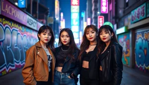 blackpink members posing stylishly against a vibrant urban backdrop in neon lights.