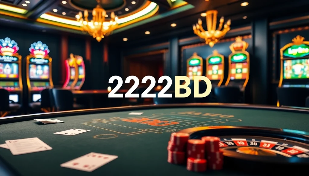Engage with the thrilling world of 222BD at an immersive casino featuring vibrant slot machines and poker tables.