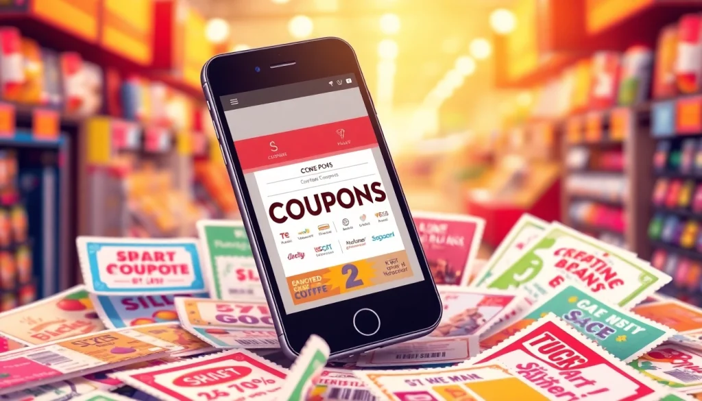 모바일쿠폰을 풍성하게 보여주는 스마트폰과 다채로운 디자인의 쿠폰들