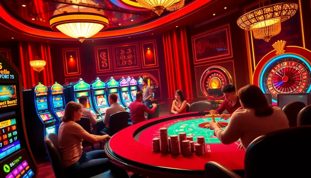 Experience the excitement of 68win bet as players engage in thrilling casino games, surrounded by vibrant slots and roulette.