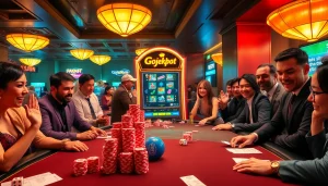 Gojekpot slot machine surrounded by excited players at a luxurious casino table.