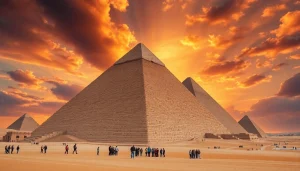 Visit https://piraminds.com/ to see tourists exploring the Great Pyramid of Giza at sunset.