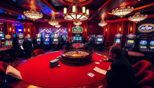 Players enjoying the b52club gaming experience at a high-stakes table with vibrant decor.