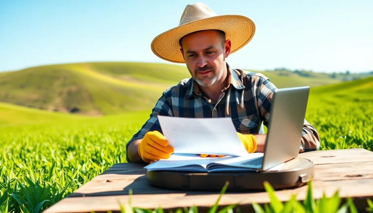 Understanding agriculture law with a farmer reviewing legal documents in a lush field.